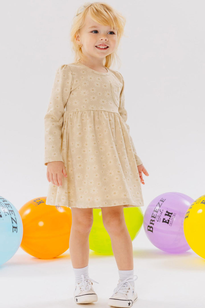 BRE Breeze Girl Child Long Sleeve Dress with Pockets Floral Patterned 1.5-5 Years, Cream - Romny