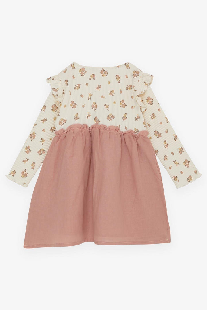 BRE Breeze Girl Child Long Sleeve Dress with Flower Pattern Buttoned Frilly Shoulder 2-6 Years, Cream - Midwest City
