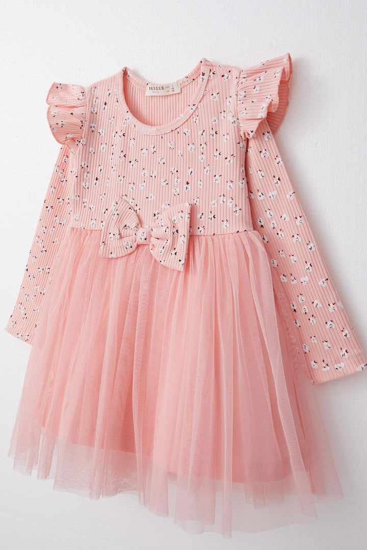 BRE Breeze Girl Child Long Sleeve Dress with Floral Bow Tulle 1.5-5 Years, Salmon - Romford