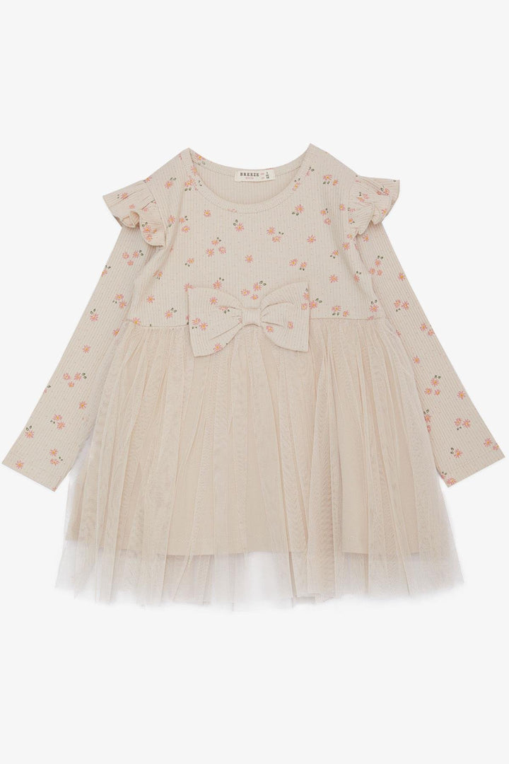 BRE Breeze Girl Child Long Sleeve Dress with Flower Pattern Ruffled Bow 3-7 Years, Beige - Novara