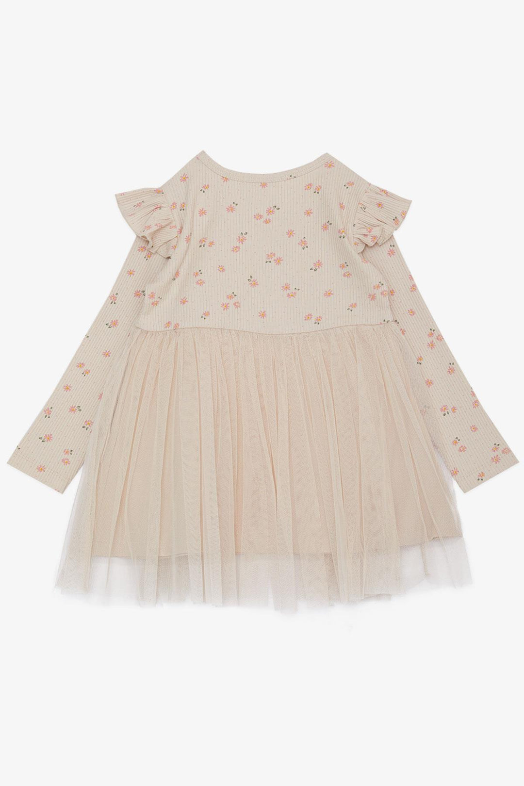 BRE Breeze Girl Child Long Sleeve Dress with Flower Pattern Ruffled Bow 3-7 Years, Beige - Novara