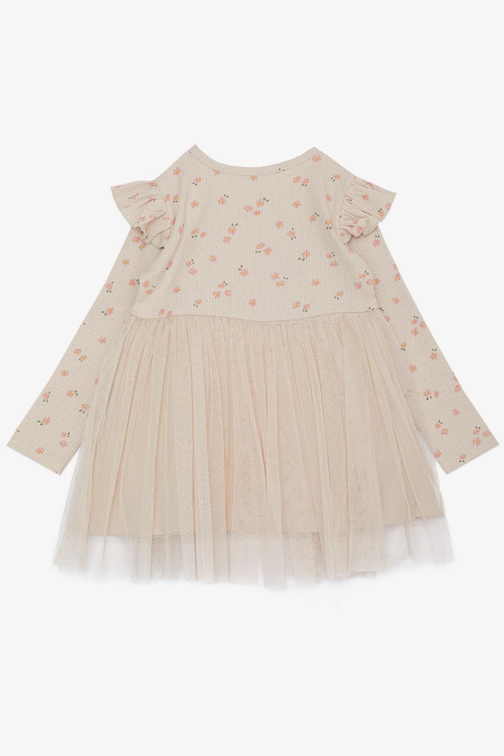 BRE Breeze Girl Child Long Sleeve Dress with Flower Pattern Ruffled Bow 3-7 Years, Beige - Novara