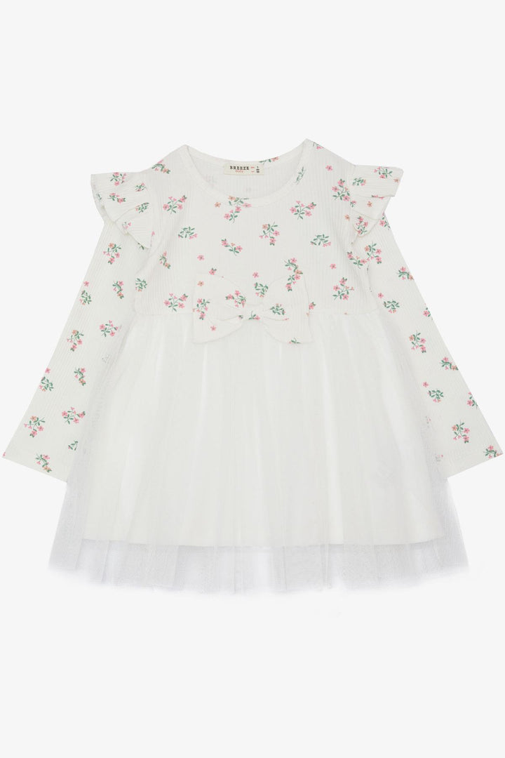 BRE Breeze Girl Child Long Sleeve Dress with Flower Pattern Ruffled Bow 3-7 Years, Ecru - West Sacramento
