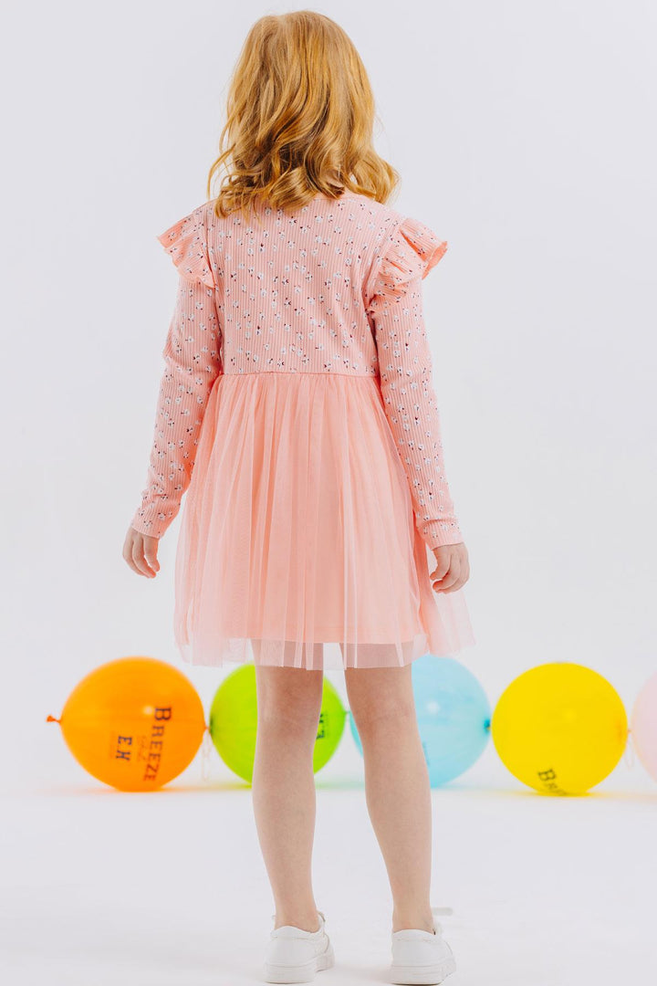 BRE Breeze Girl Child Long Sleeve Dress with Flower Pattern Ruffled Bow 3-7 Years, Salmon - Apple Valley