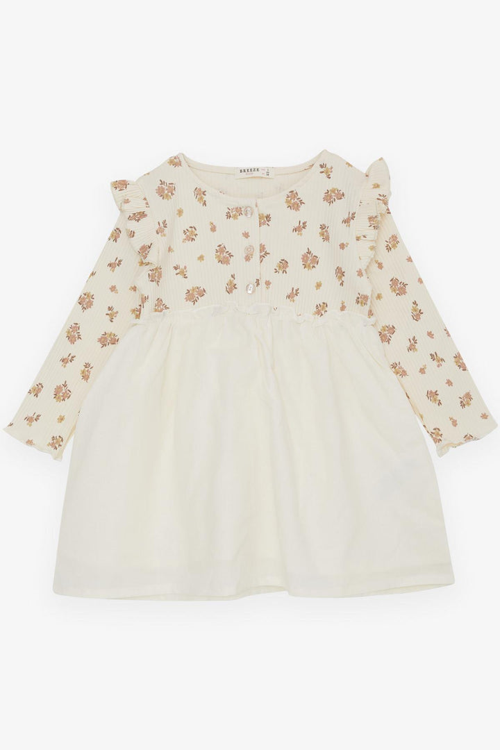 BRE Breeze Girl Child Long Sleeve Dress with Flower Pattern Buttoned Frilly Shoulder 2-6 Years, Cream - Horad Barysaw