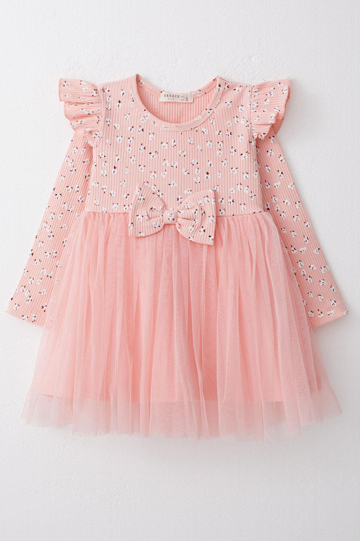 BRE Breeze Girl Child Long Sleeve Dress with Floral Bow Tulle 1.5-5 Years, Salmon - Romford