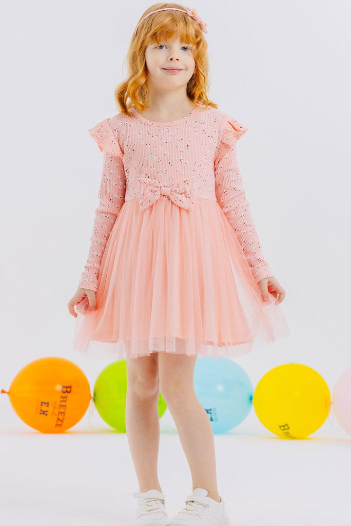 BRE Breeze Girl Child Long Sleeve Dress with Flower Pattern Ruffled Bow 3-7 Years, Salmon - Apple Valley
