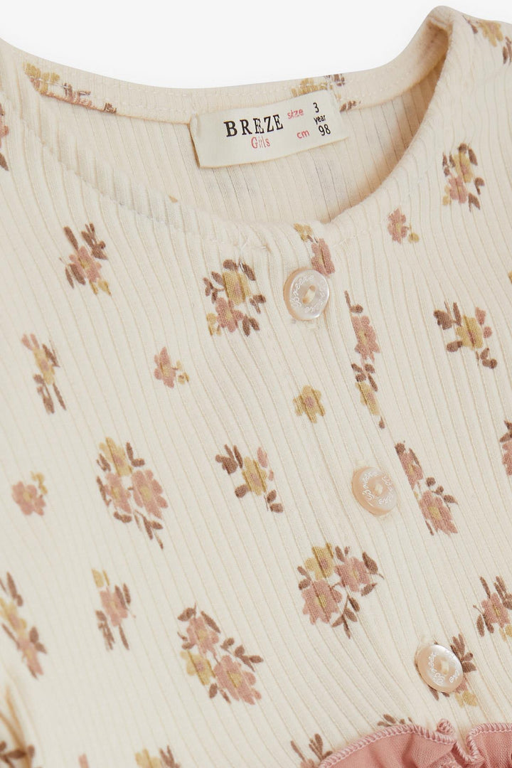 BRE Breeze Girl Child Long Sleeve Dress with Flower Pattern Buttoned Frilly Shoulder 2-6 Years, Cream - Midwest City