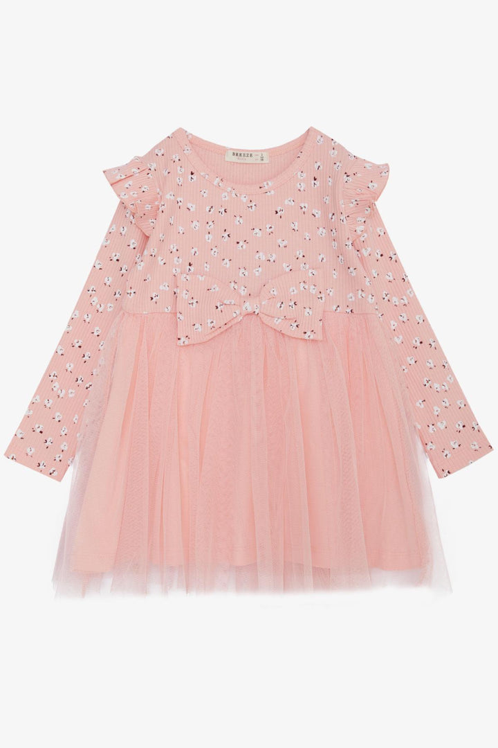 BRE Breeze Girl Child Long Sleeve Dress with Flower Pattern Ruffled Bow 3-7 Years, Salmon - Apple Valley