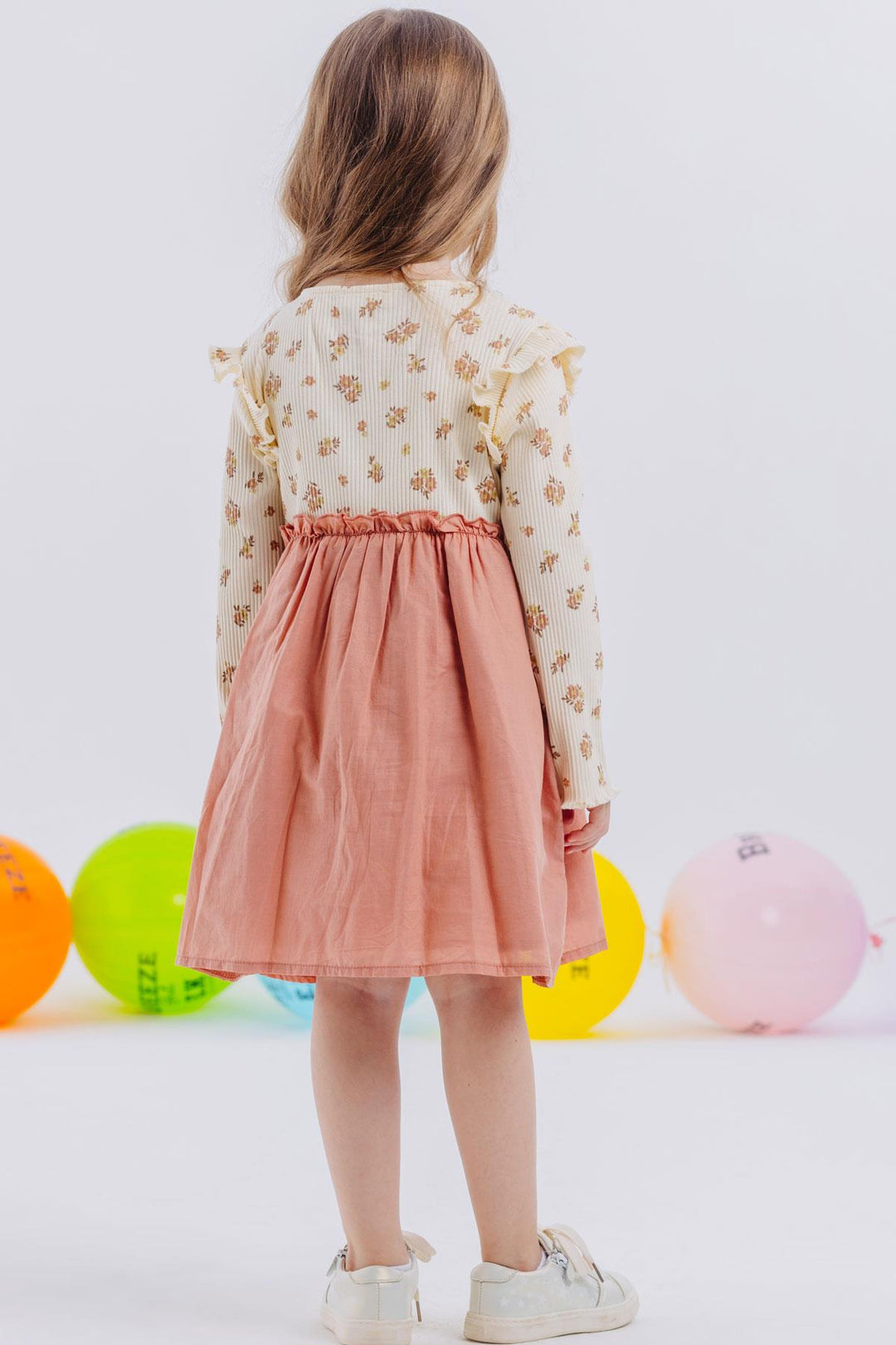 BRE Breeze Girl Child Long Sleeve Dress with Flower Pattern Buttoned Frilly Shoulder 2-6 Years, Cream - Midwest City