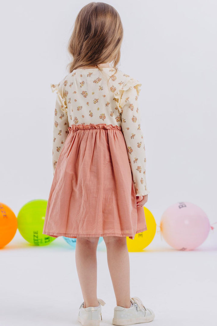 BRE Breeze Girl Child Long Sleeve Dress with Flower Pattern Buttoned Frilly Shoulder 2-6 Years, Cream - Midwest City