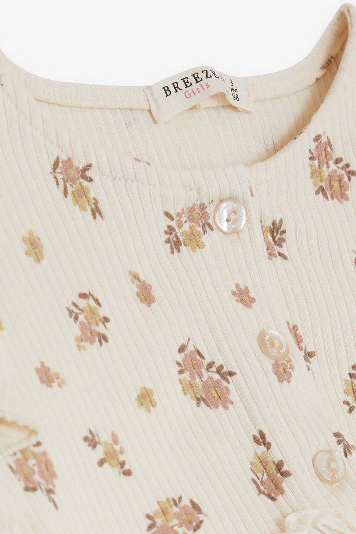 BRE Breeze Girl Child Long Sleeve Dress with Flower Pattern Buttoned Frilly Shoulder 2-6 Years, Cream - Horad Barysaw