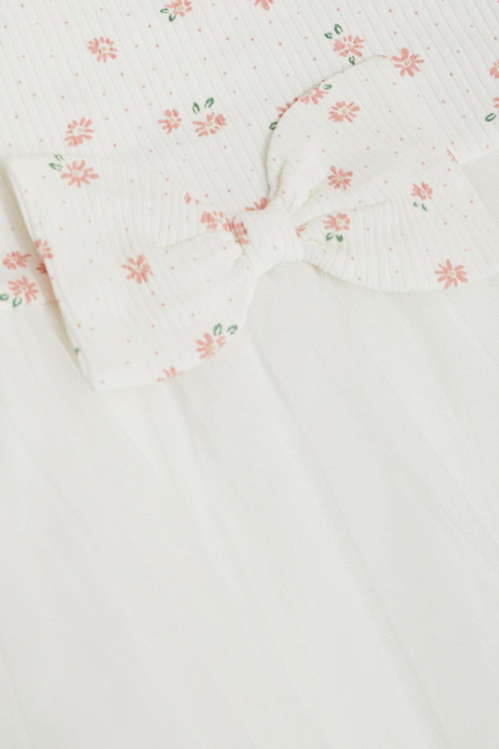 BRE Breeze Girl Child Long Sleeve Dress with Flower Patterned Ruffled Bow 3-7 Years, Ecru - Emmen