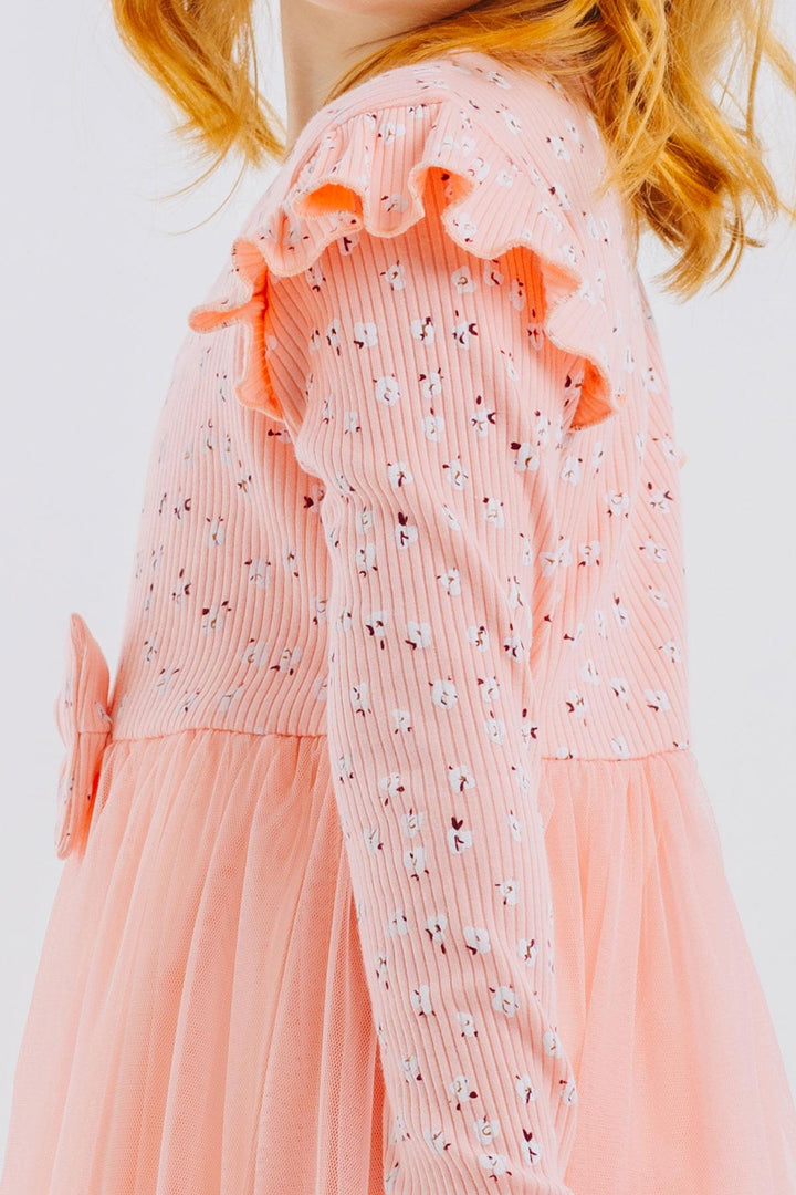 BRE Breeze Girl Child Long Sleeve Dress with Flower Pattern Ruffled Bow 3-7 Years, Salmon - Apple Valley