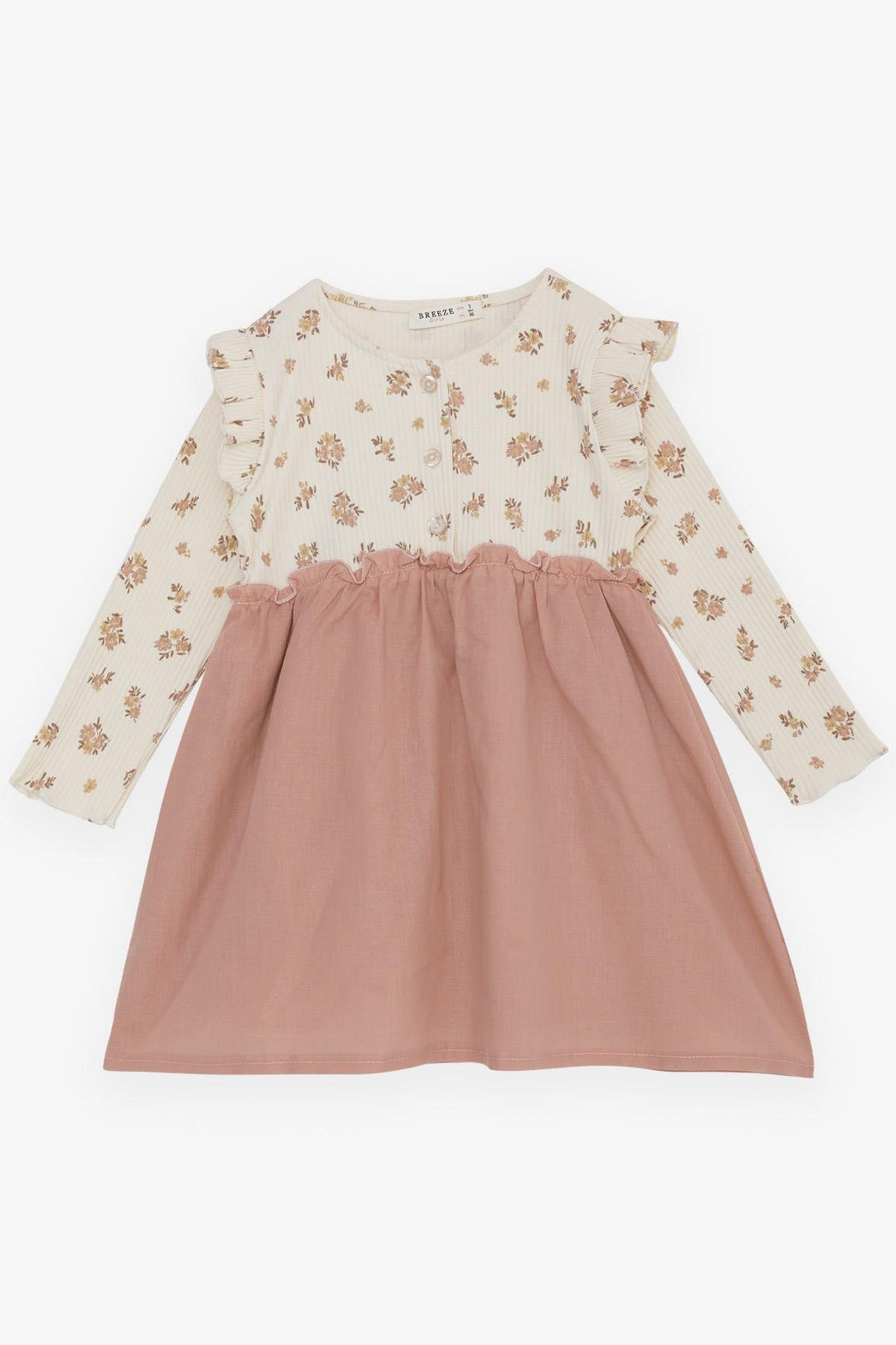 BRE Breeze Girl Child Long Sleeve Dress with Flower Pattern Buttoned Frilly Shoulder 2-6 Years, Cream - Midwest City