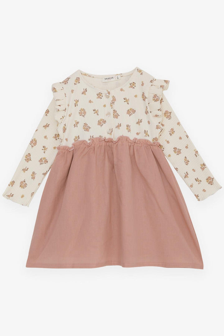 BRE Breeze Girl Child Long Sleeve Dress with Flower Pattern Buttoned Frilly Shoulder 2-6 Years, Cream - Midwest City