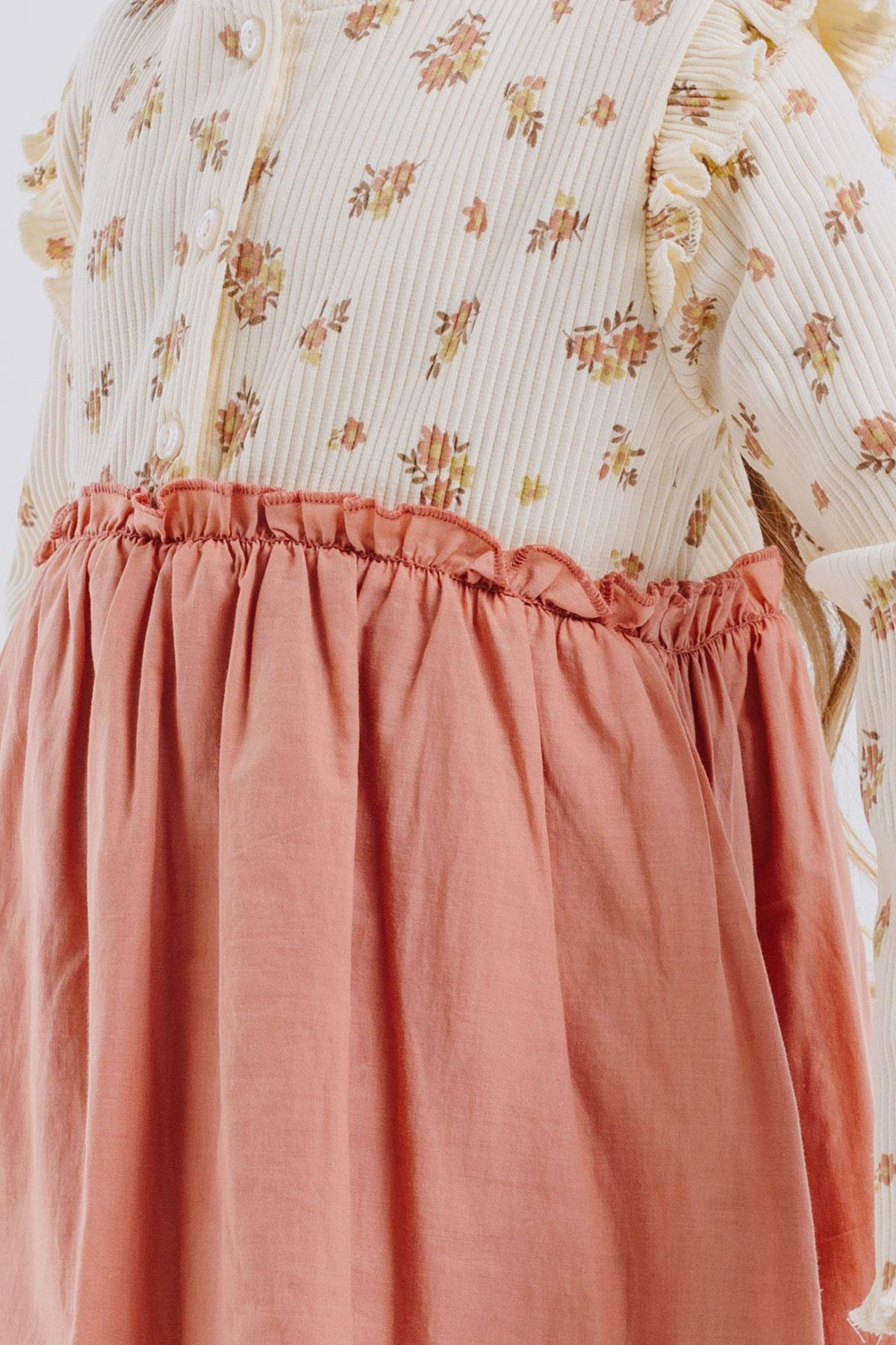 BRE Breeze Girl Child Long Sleeve Dress with Flower Pattern Buttoned Frilly Shoulder 2-6 Years, Cream - Midwest City