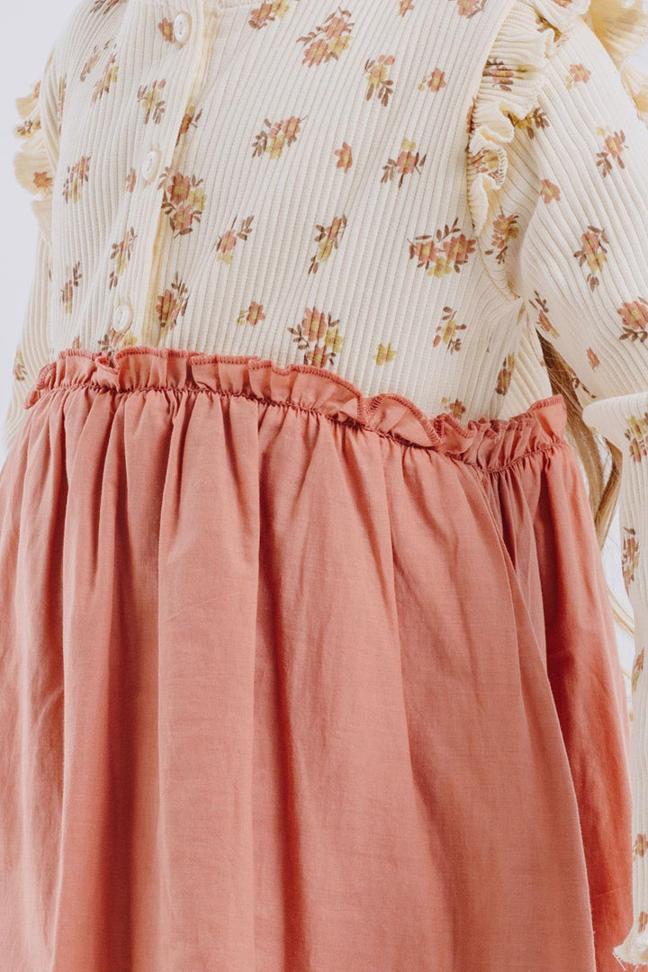 BRE Breeze Girl Child Long Sleeve Dress with Flower Pattern Buttoned Frilly Shoulder 2-6 Years, Cream - Midwest City