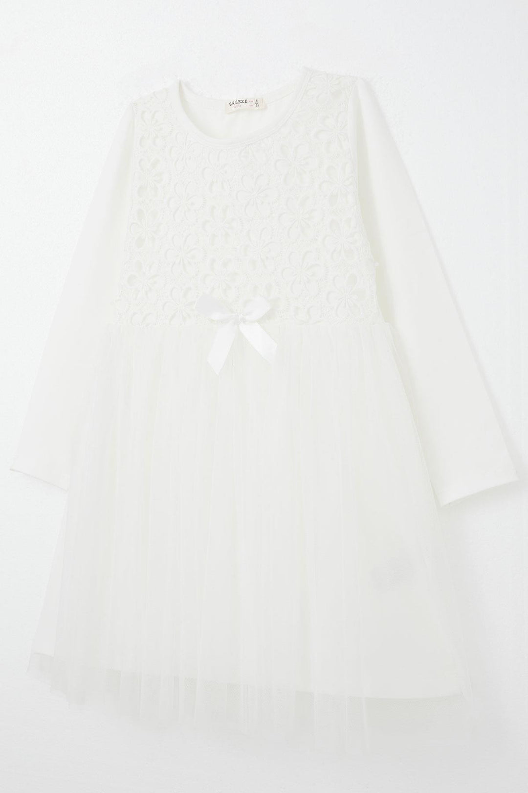 BRE Girl's Long Dress with Flower Guipure Embroidery, 4-8 Years, White - Imola