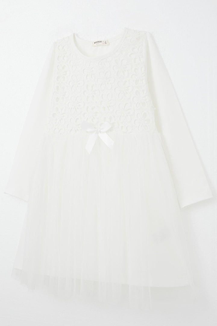 BRE Girl's Long Dress with Flower Guipure Embroidery, 4-8 Years, White - Imola
