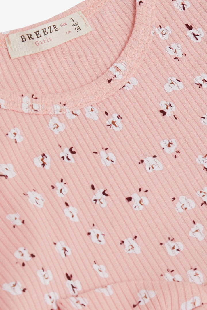 BRE Breeze Girl Child Long Sleeve Dress with Flower Pattern Ruffled Bow 3-7 Years, Salmon - Apple Valley