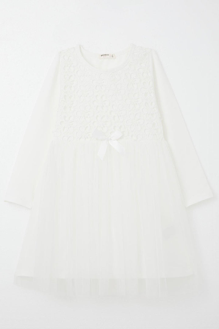 BRE Girl's Long Dress with Flower Guipure Embroidery, 4-8 Years, White - Imola