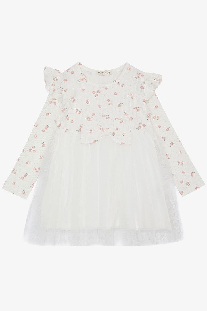 BRE Breeze Girl Child Long Sleeve Dress with Flower Patterned Ruffled Bow 3-7 Years, Ecru - Emmen