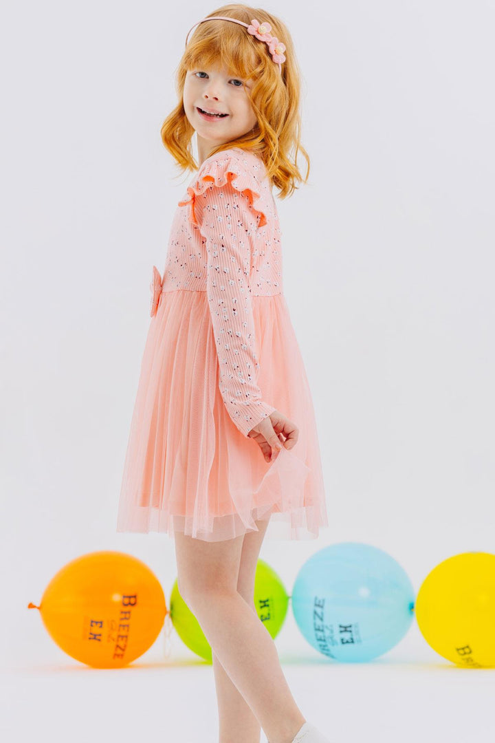BRE Breeze Girl Child Long Sleeve Dress with Flower Pattern Ruffled Bow 3-7 Years, Salmon - Apple Valley