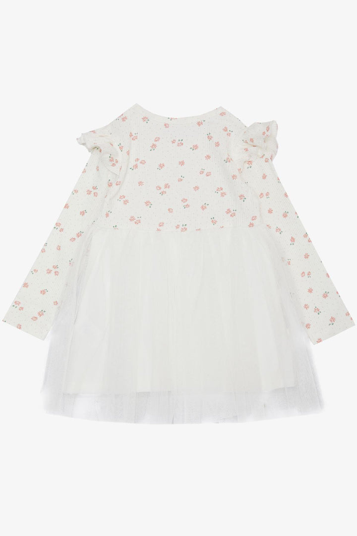 BRE Breeze Girl Child Long Sleeve Dress with Flower Patterned Ruffled Bow 3-7 Years, Ecru - Emmen