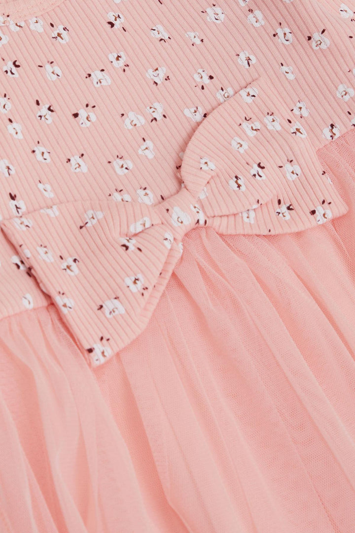 BRE Breeze Girl Child Long Sleeve Dress with Flower Pattern Ruffled Bow 3-7 Years, Salmon - Apple Valley