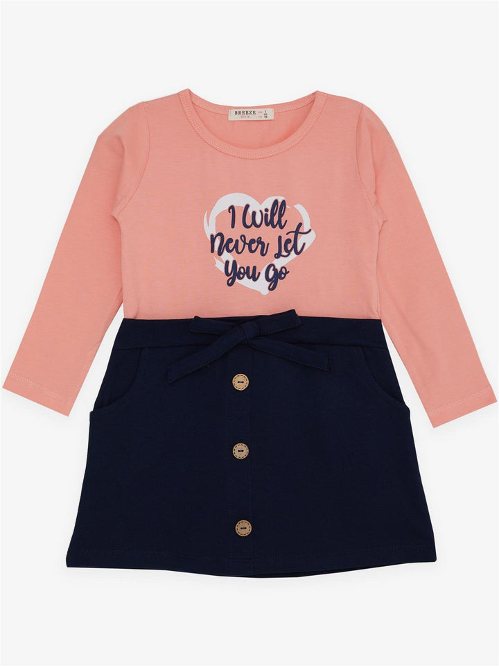 BRE Breeze Girl Child Long Sleeve Dress with Button Accessory Bow 3-8 Years, Salmon - Hillsborough