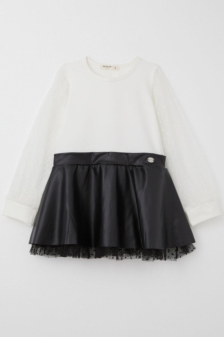 BRE Breeze Girl Child Long Sleeve Dress Skirt Part Leather Sleeves Tulle Detailed 3-8 Years, Ecru - Salem