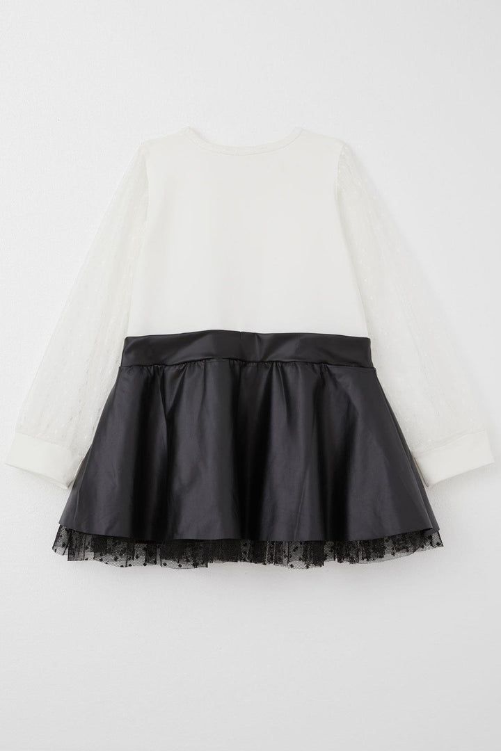 BRE Breeze Girl Child Long Sleeve Dress Skirt Part Leather Sleeves Tulle Detailed 3-8 Years, Ecru - Salem