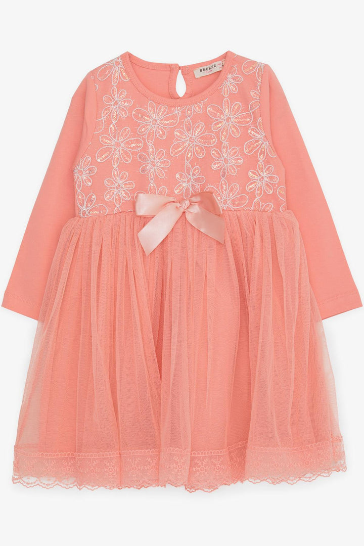 BRE Breeze Girl Child Long Sleeve Dress with Bow Tulle 3-8 Years, Salmon - Ascoli Piceno