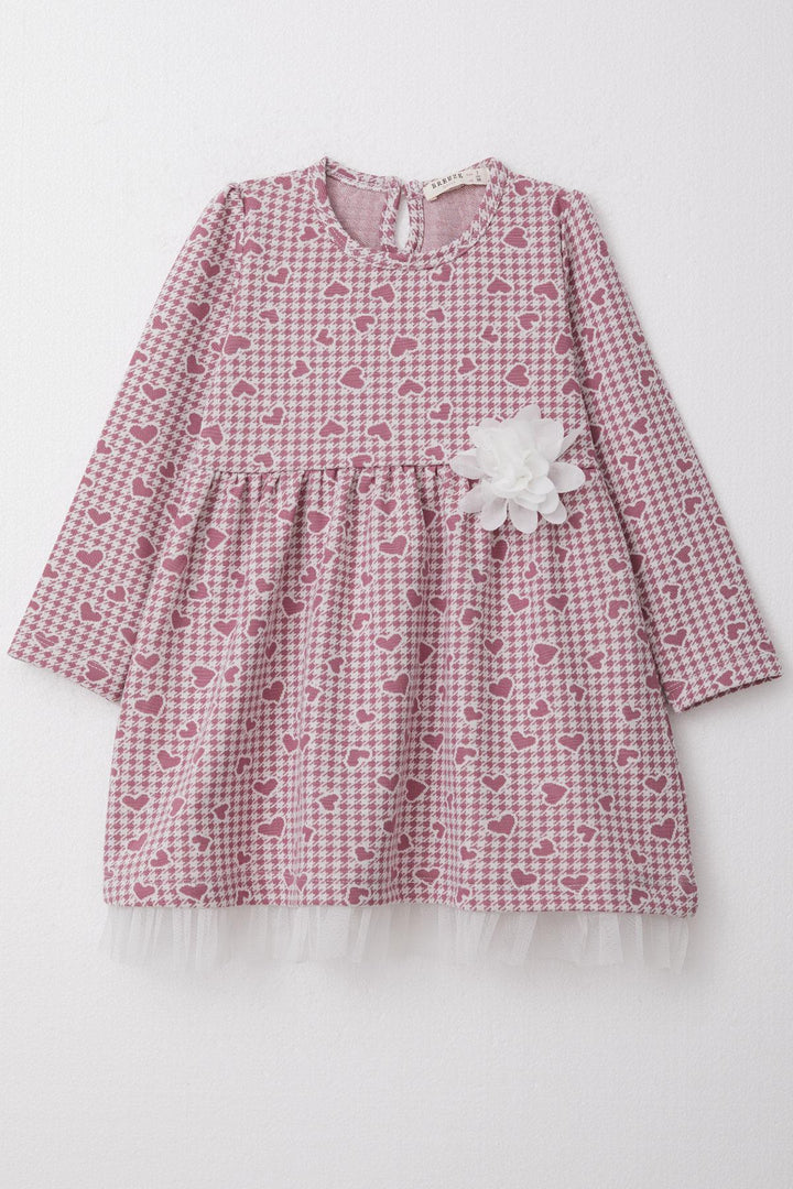 BRE Breeze Girl Child Long Sleeve Dress Heart & Houndstooth Patterned 3-7 Years, Rose Pink - Brick