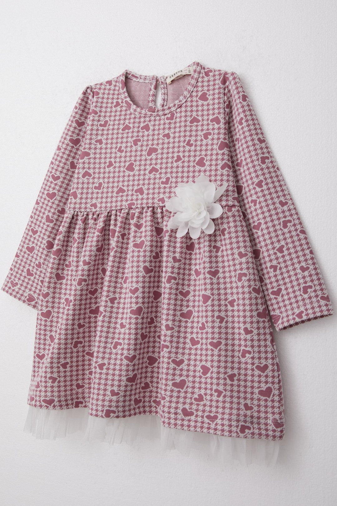 BRE Breeze Girl Child Long Sleeve Dress Heart & Houndstooth Patterned 3-7 Years, Rose Pink - Brick