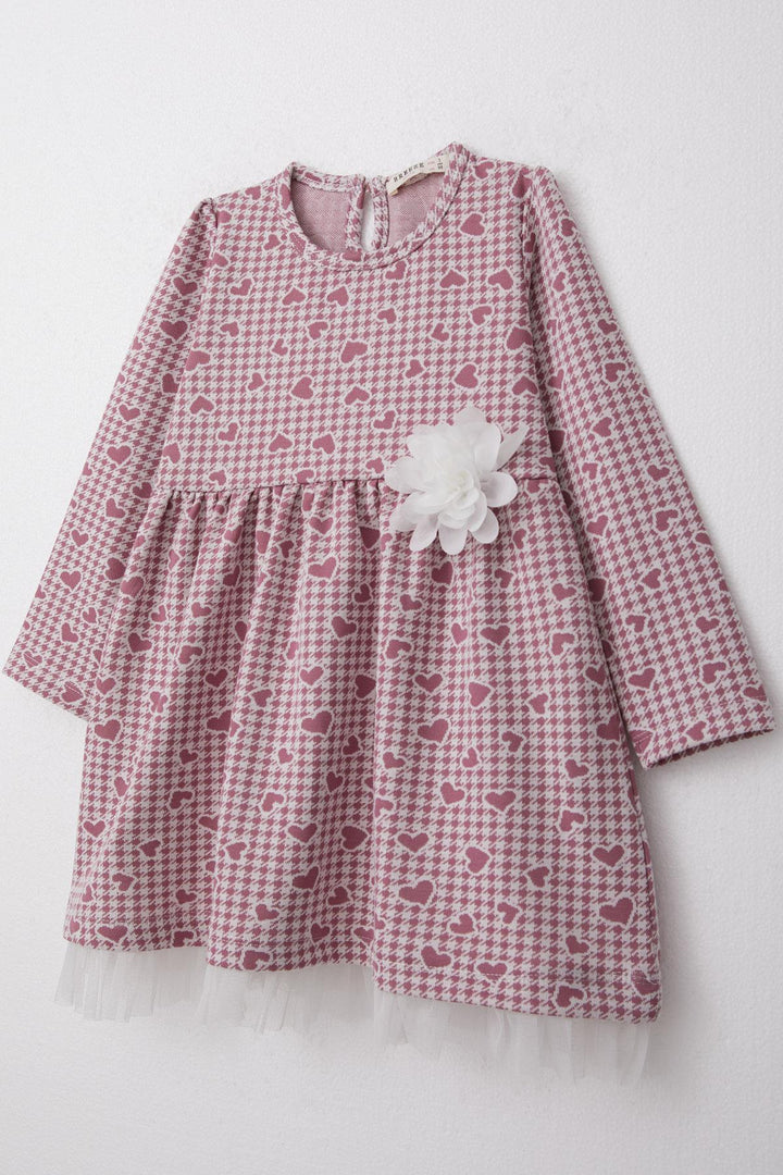 BRE Breeze Girl Child Long Sleeve Dress Heart & Houndstooth Patterned 3-7 Years, Rose Pink - Brick