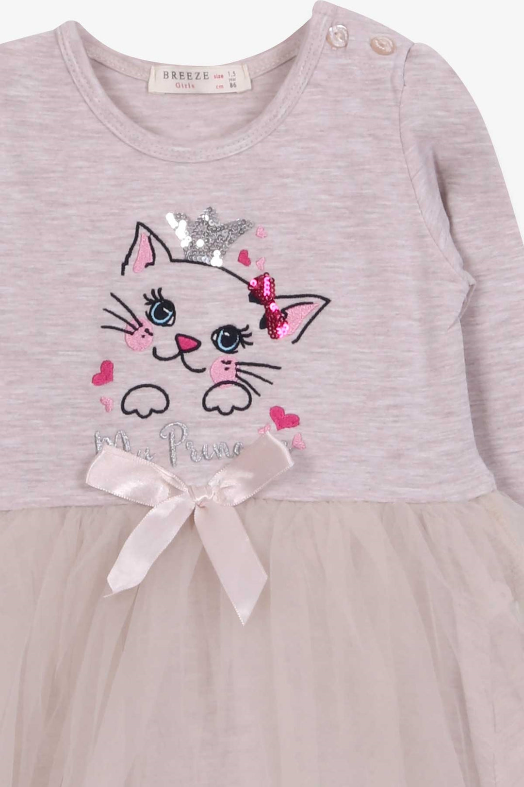 BRE Breeze Girl Child Long Sleeve Dress with Cat Embroidery Sequined 1.5-5 Years, Beige Melange - Mons