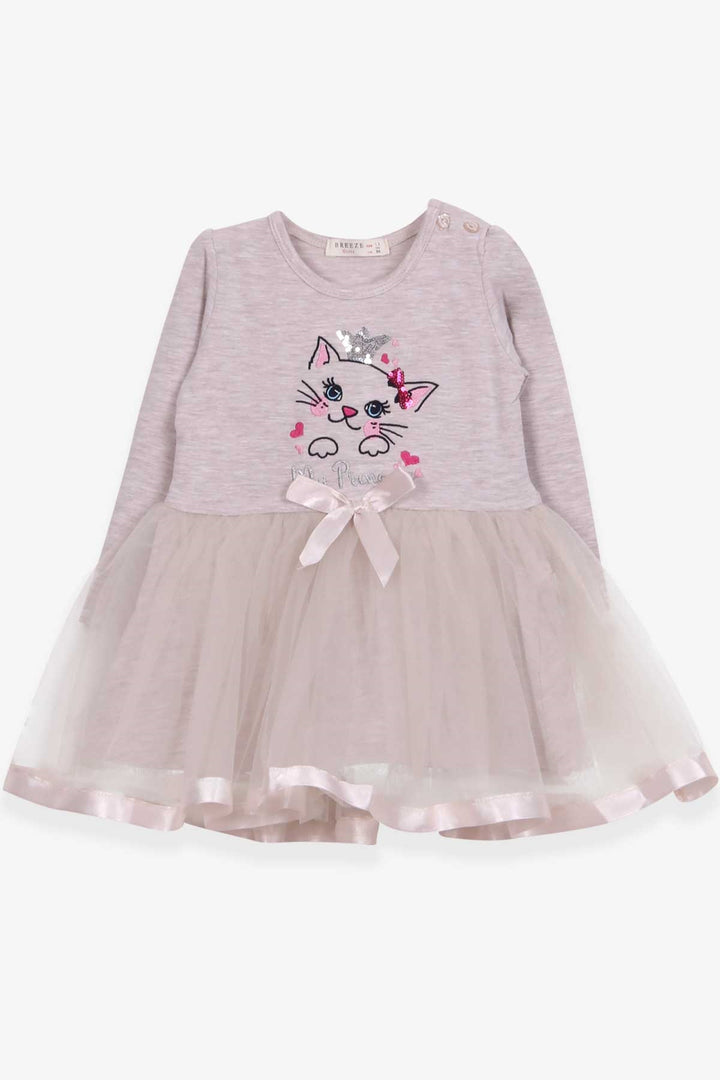 BRE Breeze Girl Child Long Sleeve Dress with Cat Embroidery Sequined 1.5-5 Years, Beige Melange - Mons