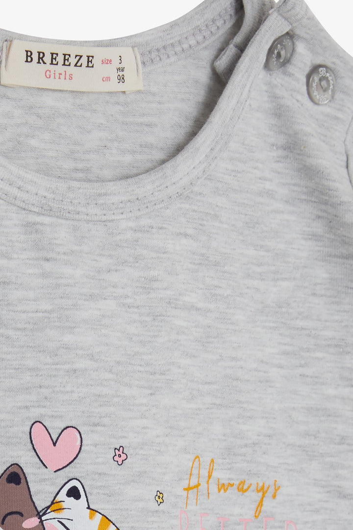 BRE Breeze Girl Child Long Sleeve Dress with Kitty Print 1.5-5 Years, Light Grey Melange - Los Palacios y Villafranca