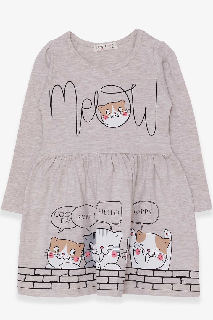 BRE Breeze Girl Child Long Sleeve Dress with Cat Pattern, 3-7 Years, Beige Melange - San Remo