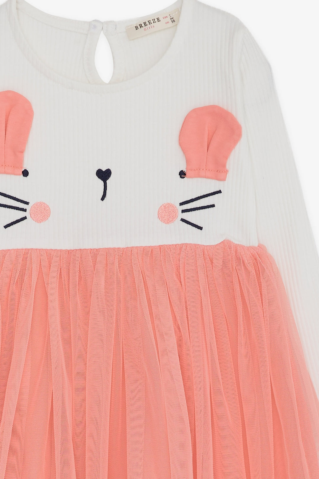 BRE Breeze Girl Child Long Sleeve Dress with Cat Embroidery, 1.5-5 Years, Ecru - Ponta Delgada