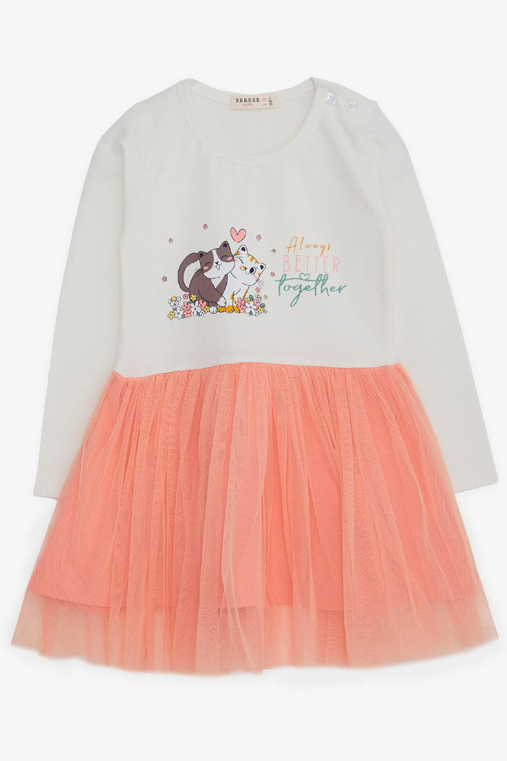 BRE Breeze Girl Child Long Sleeve Dress with Kitty Print, 1.5-5 Years, Ecru - Pejë
