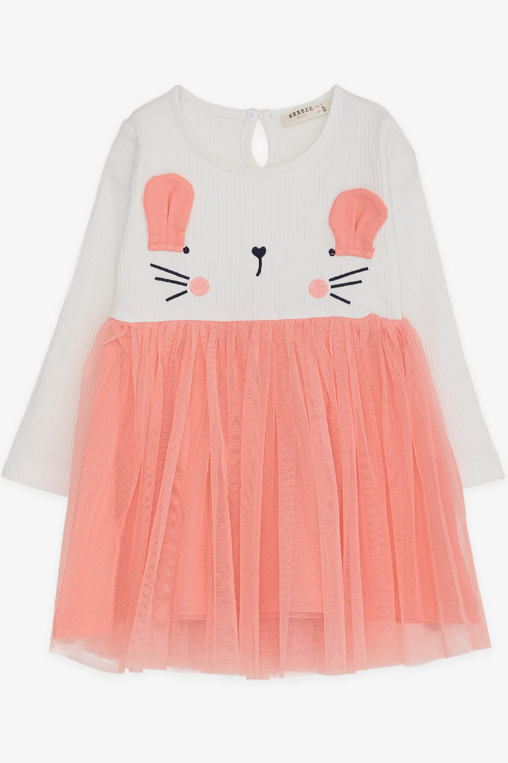 BRE Breeze Girl Child Long Sleeve Dress with Cat Embroidery, 1.5-5 Years, Ecru - Ponta Delgada