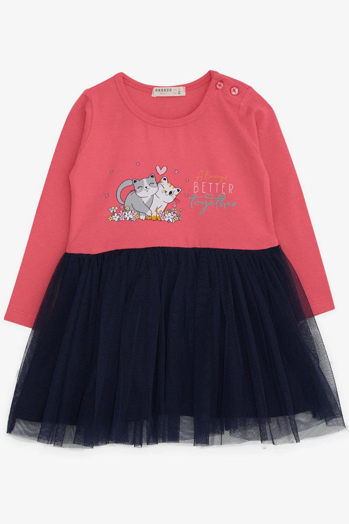 BRE Breeze Girl Child Long Sleeve Dress with Kitty Print 1.5-5 Years, Coral - Leer
