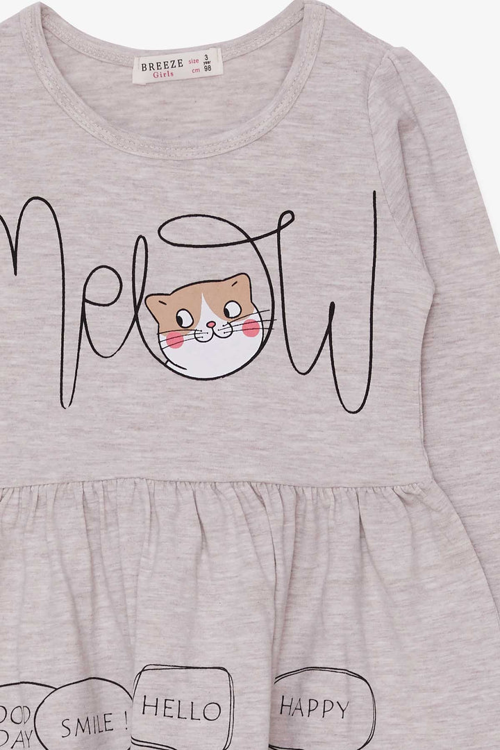 BRE Breeze Girl Child Long Sleeve Dress with Cat Pattern, 3-7 Years, Beige Melange - San Remo