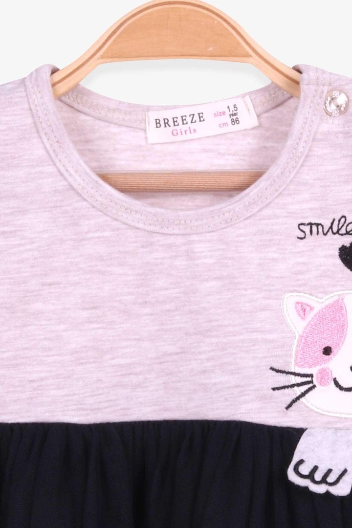 BRE Breeze Girl Child Long Sleeve Dress with Cat Embroidery 1.5-5 Years, Beige Melange - Cheltenham