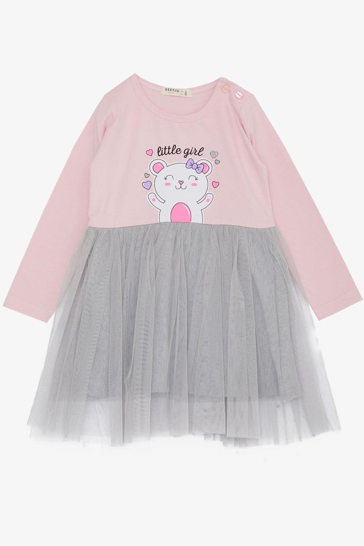 BRE Breeze Girl Child Long Sleeve Dress Little Girls Love Themed Happy Bear Printed Tulle 1-4 Years, Pink - Madison