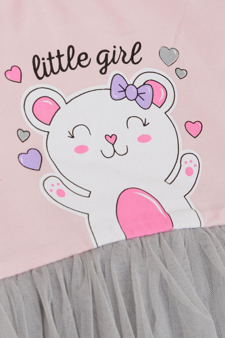BRE Breeze Girl Child Long Sleeve Dress Little Girls Love Themed Happy Bear Printed Tulle 1-4 Years, Pink - Madison