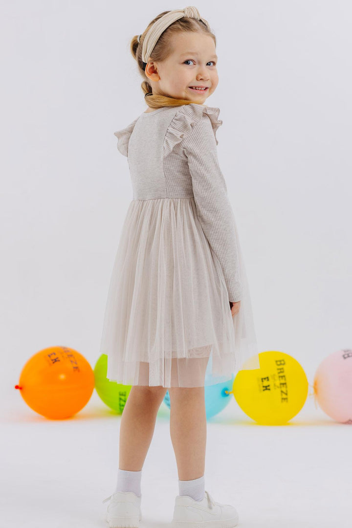 BRE Breeze Girl Child Long Sleeve Dress with Frilled Shoulders, 3-8 Years, Beige Melange - Clarkstown